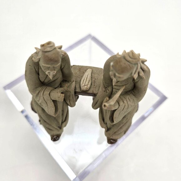 Vintage Chinese Mudman Figurine Pair Sitting on Bench Smoking Pipe je155 - Picture 2 of 12